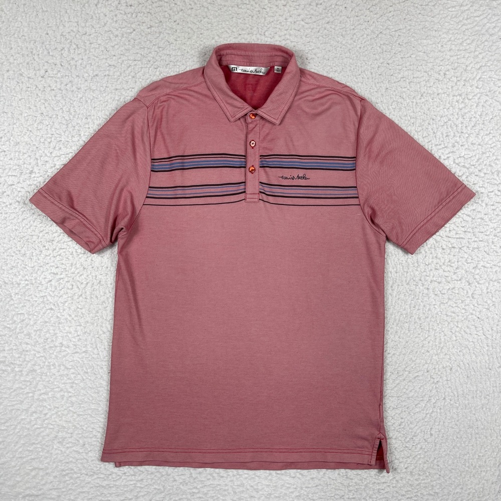 Travis Mathew Polo Shirt Mens‎ Medium Pink Red Striped Pima Stretch Golf Casual